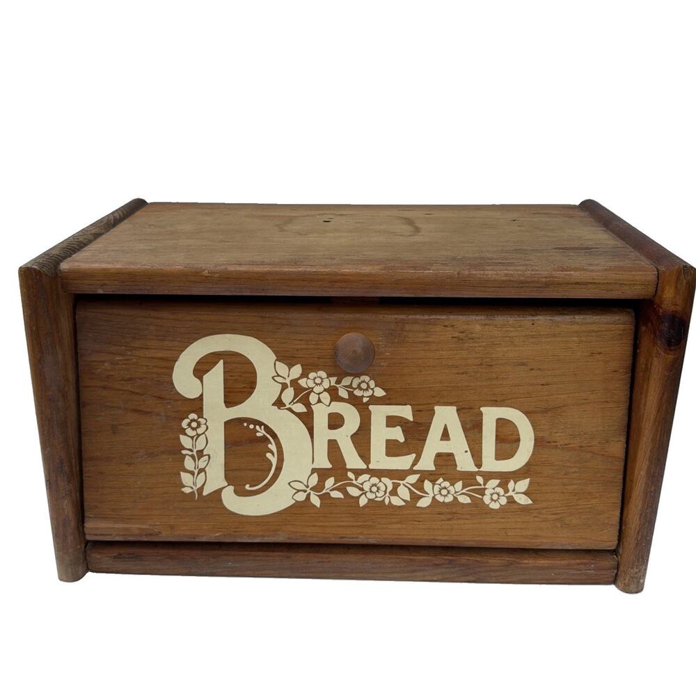 Wooden Bread Box MCM Oak Finish Decorative Bread Letters & Flowers Vintage Gift